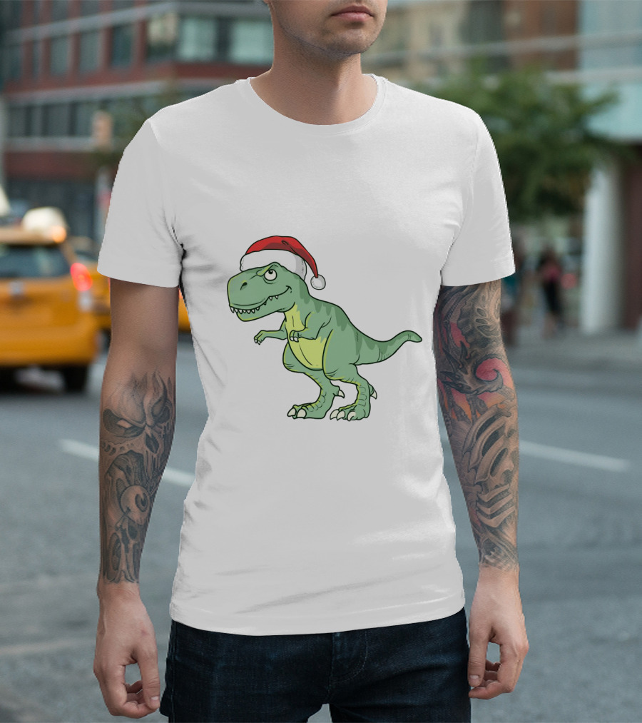 Christmas Dinosaur Wearing Santa Hat T-Shirt