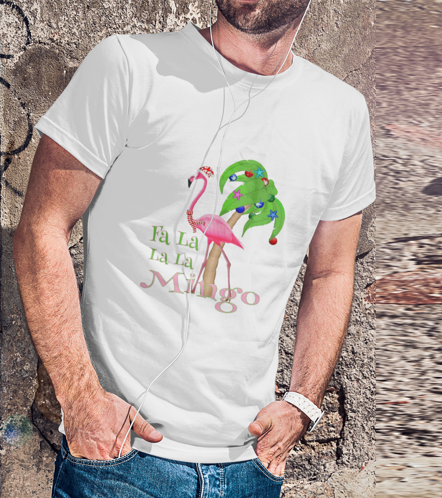 Festive Fa La La La Mingo Pink Flamingo Holiday Tropical Palm Tree T-Shirt