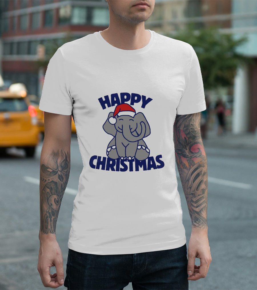 Happy Christmas Elephant With Santa Hat Festive T-Shirt
