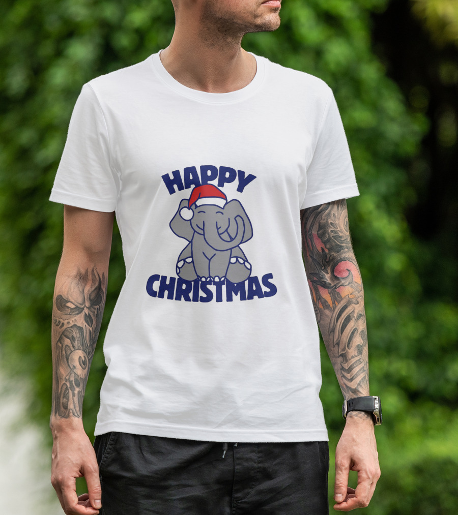 Happy Christmas Elephant With Santa Hat Festive T-Shirt