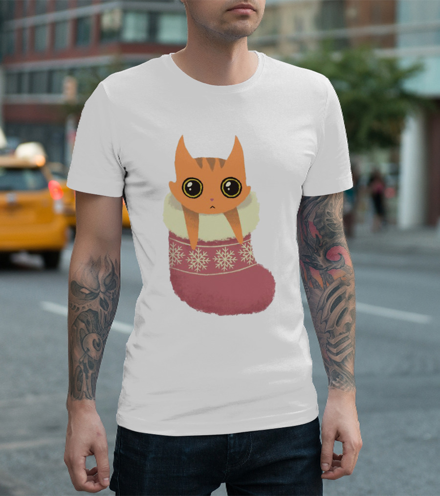 Adorable Orange Cat in Festive Christmas Stocking with Snowflake T-Shirt