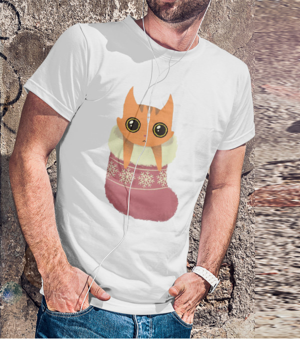 Adorable Orange Cat In Festive Christmas Stocking With Snowflake T-Shirt