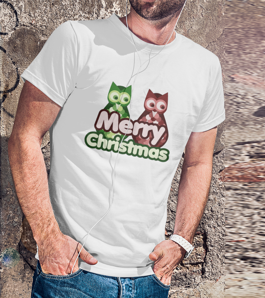 Merry Christmas Cute Owls Red And Green Festive Duo T-Shirt