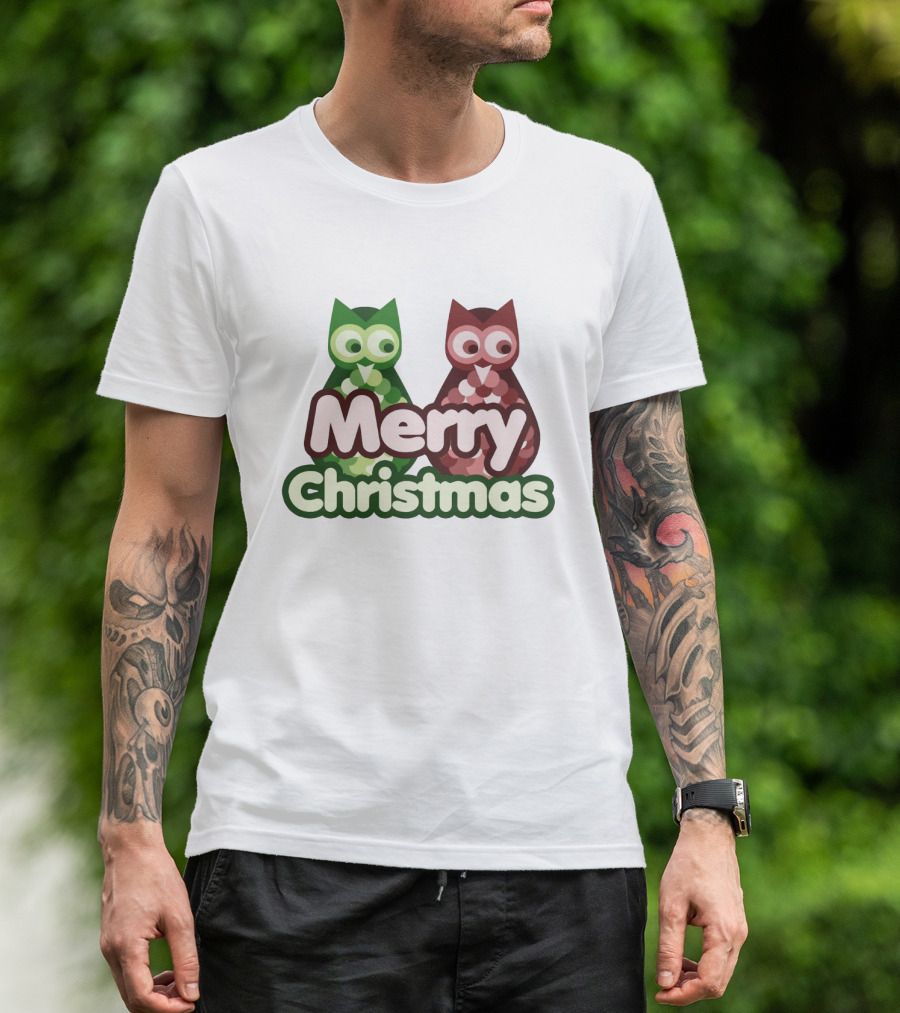 Merry Christmas Cute Owls Red And Green Festive Duo T-Shirt