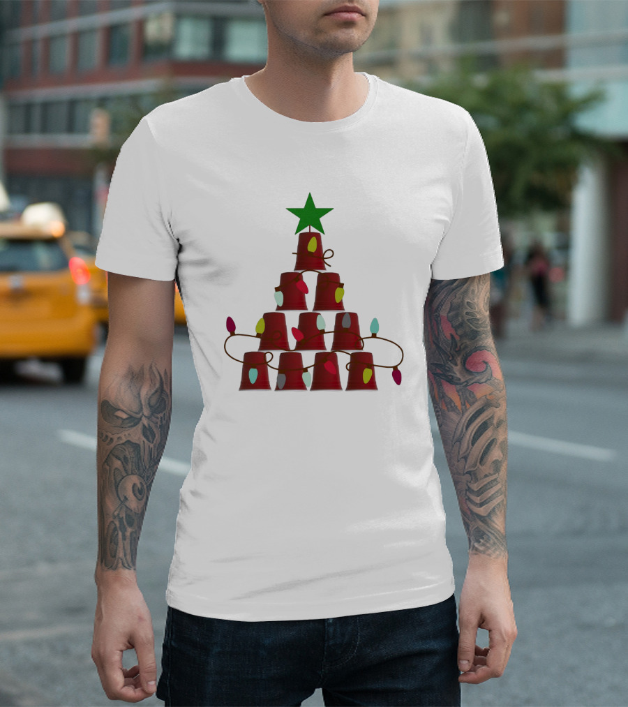 Red Cup Stacked Christmas Tree with Lights and Star Topper T-Shirt
