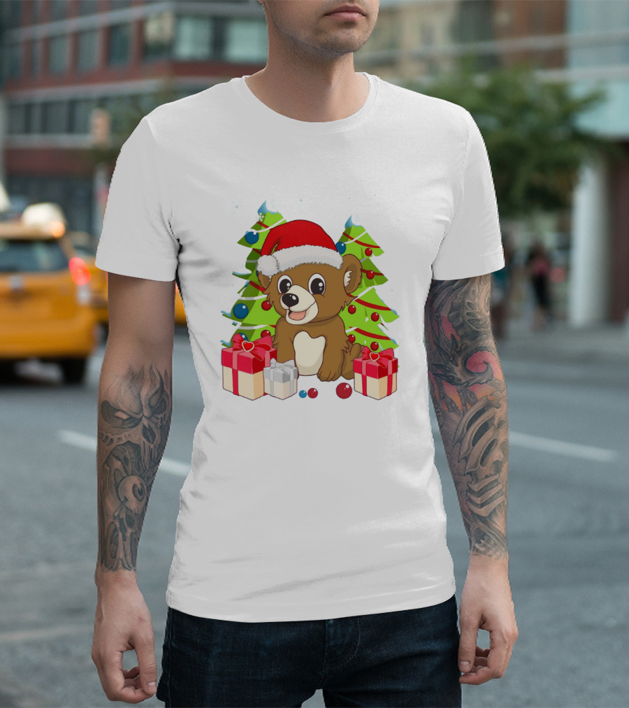 Santa Cute Bear with Christmas Trees and Presents T-Shirt