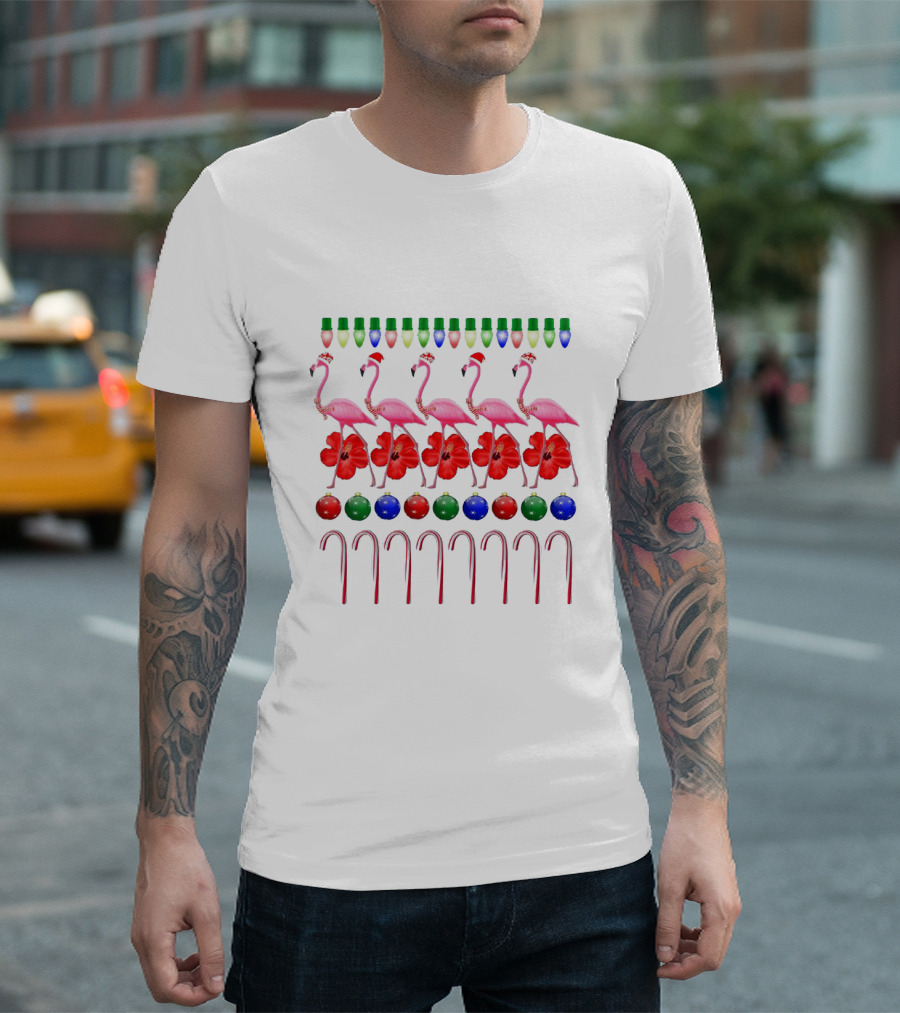 Ugly Christmas Pink Flamingo with Festive Lights Hibiscus Ornaments and Candy Canes T-Shirt