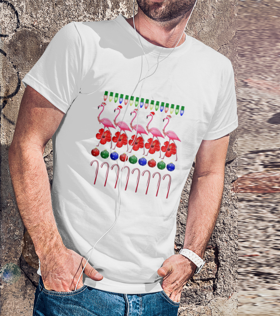 Ugly Christmas Pink Flamingo With Festive Lights Hibiscus Ornaments And Candy Canes T-Shirt