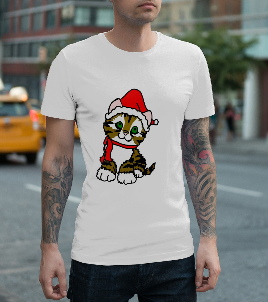 A Cute Tabby Kitten Dressed in Santa Hat and Scarf T-Shirt