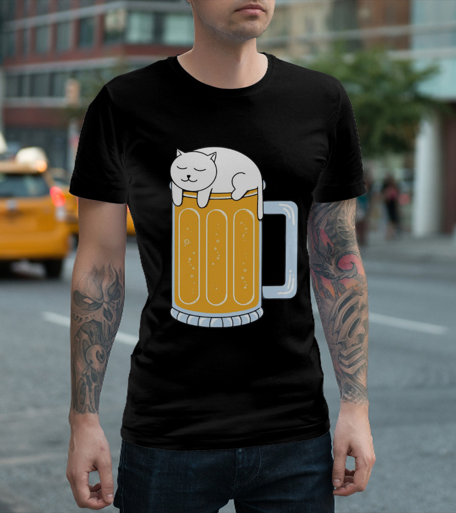 Cat Sleeping on Beer Mug Clipart T-Shirt