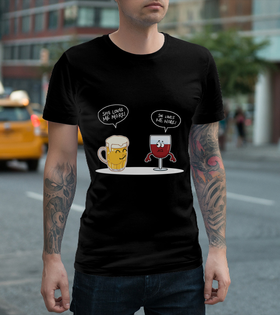 Beer and Wine Cartoon Debate: She Loves Me More Playful Rivalry T-Shirt