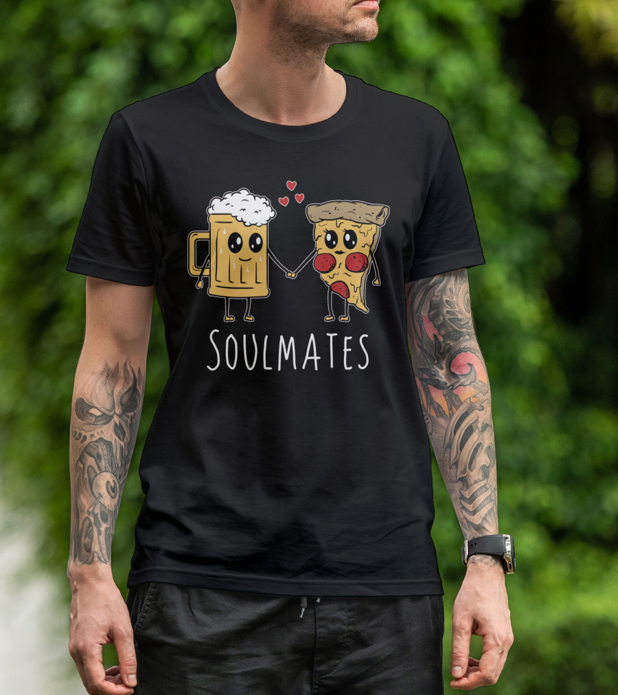 Soulmates Beer And Pizza Holding Hands With Hearts T-Shirt