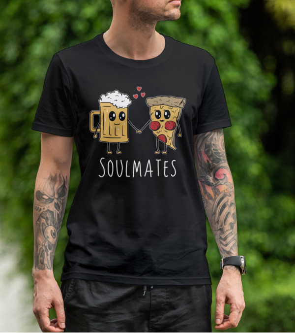 Soulmates Beer And Pizza Holding Hands With Hearts T-Shirt