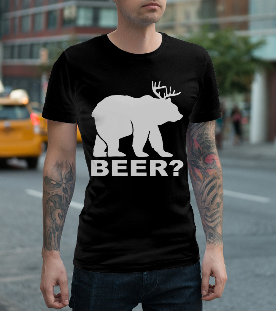 BEER Funny Drinking Party Bear with Antlers Optical Illusion T-Shirt