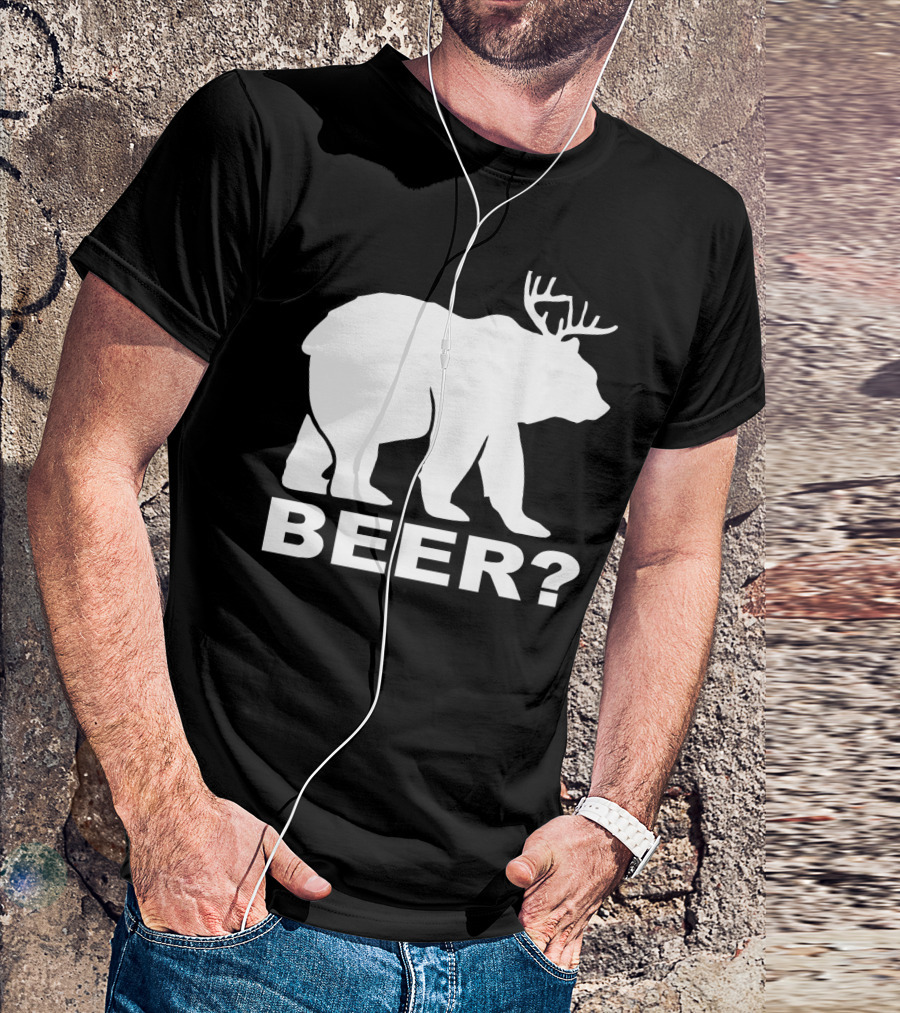 BEER Funny Drinking Party Bear With Antlers Optical Illusion T-Shirt