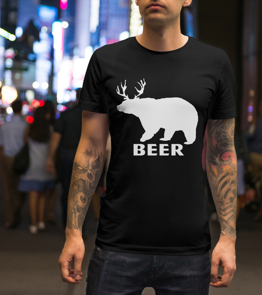 Beer Funny Drinking Bear With Antlers T-Shirt