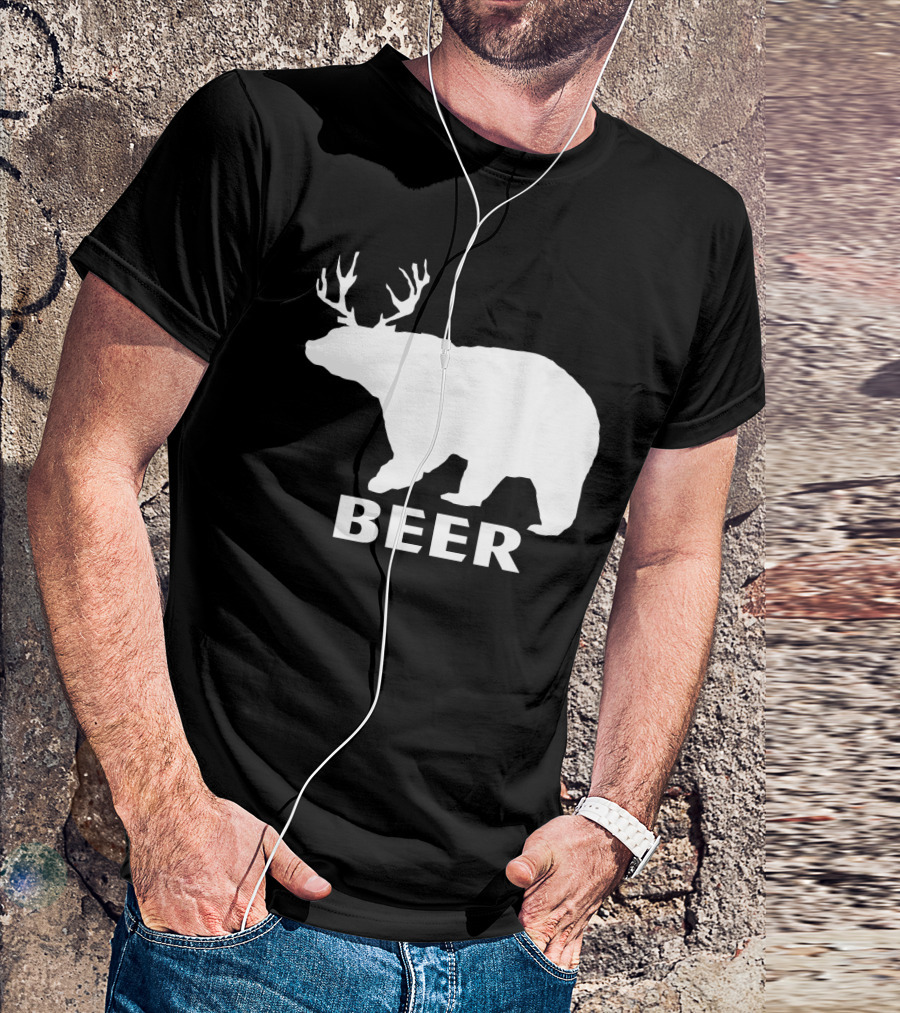 Beer Funny Drinking Bear With Antlers T-Shirt