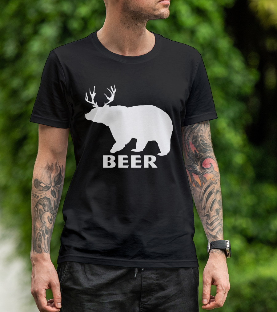 Beer Funny Drinking Bear With Antlers T-Shirt