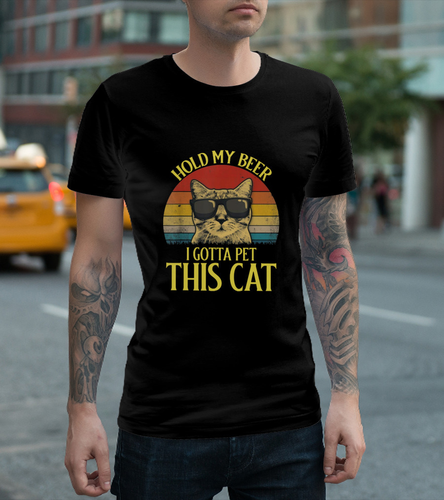 Hold My Beer I Gotta Pet This Cat Retro Sunglasses Cat T-Shirt