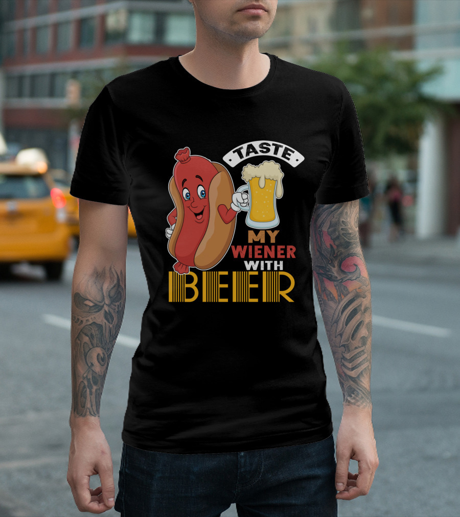 Taste My Wiener with Beer Funny Hot Dog Cartoon for Party T-Shirt