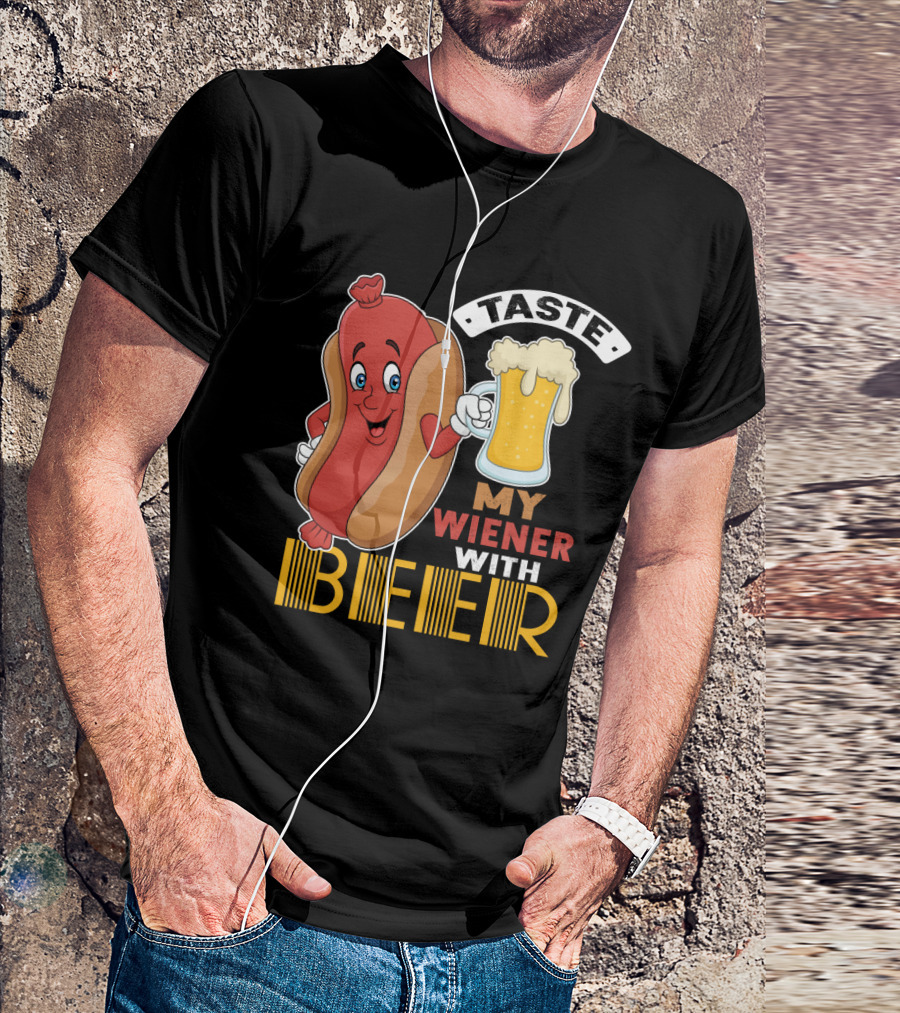 Taste My Wiener With Beer Funny Hot Dog Cartoon For Party T-Shirt