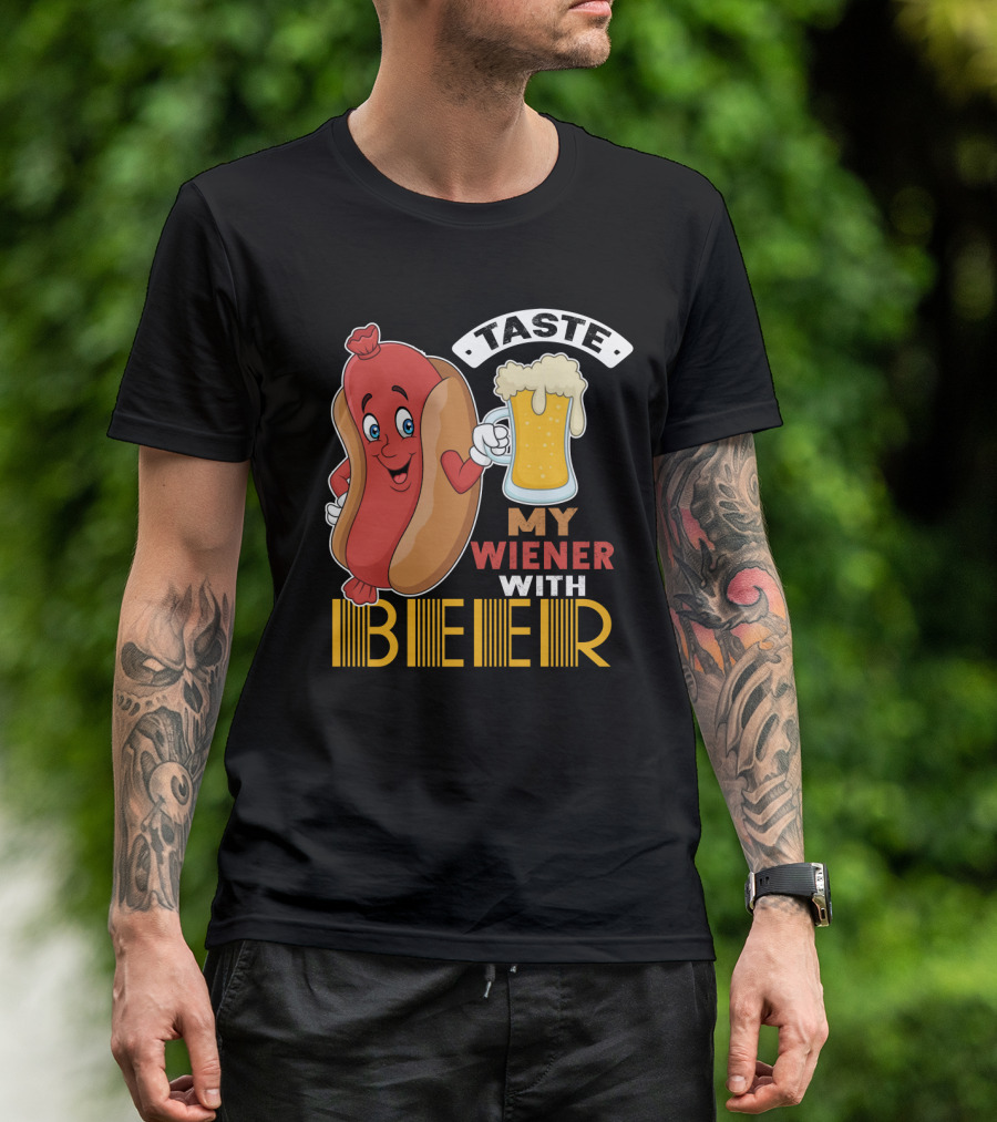Taste My Wiener With Beer Funny Hot Dog Cartoon For Party T-Shirt