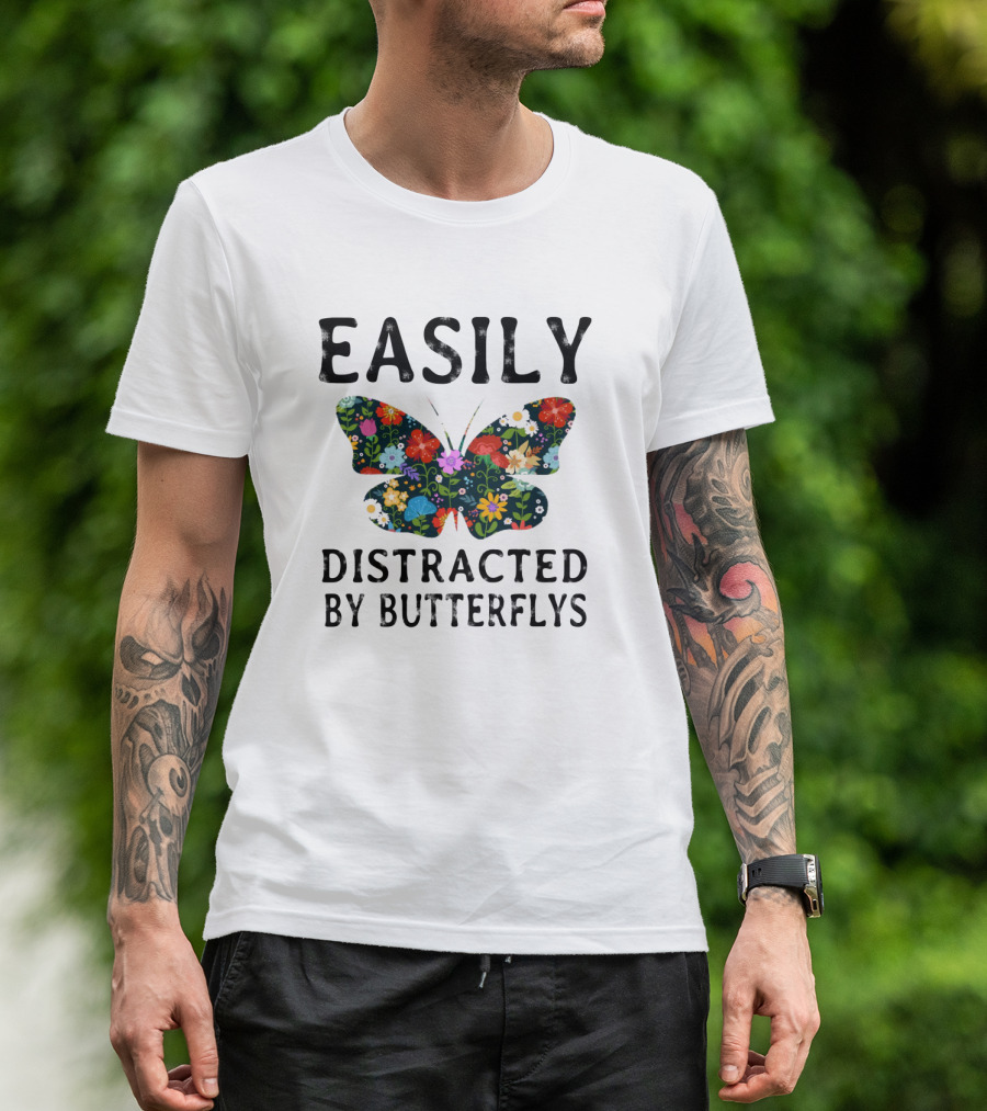 Easily Distracted By Butterflys Floral Pattern Butterfly T-Shirt