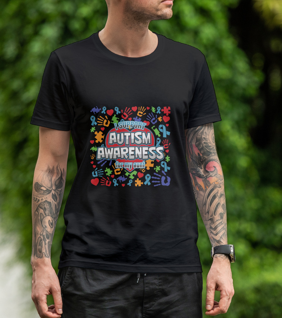 I Support Autism Awareness For My Aunt Colorful Puzzle Ribbon Hearts Hands T-Shirt