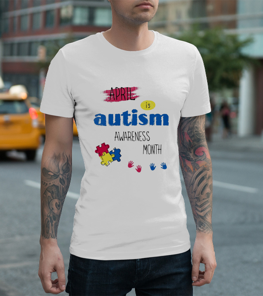 April Is Autism Awareness Month Puzzle Pieces and Colorful Hands T-Shirt
