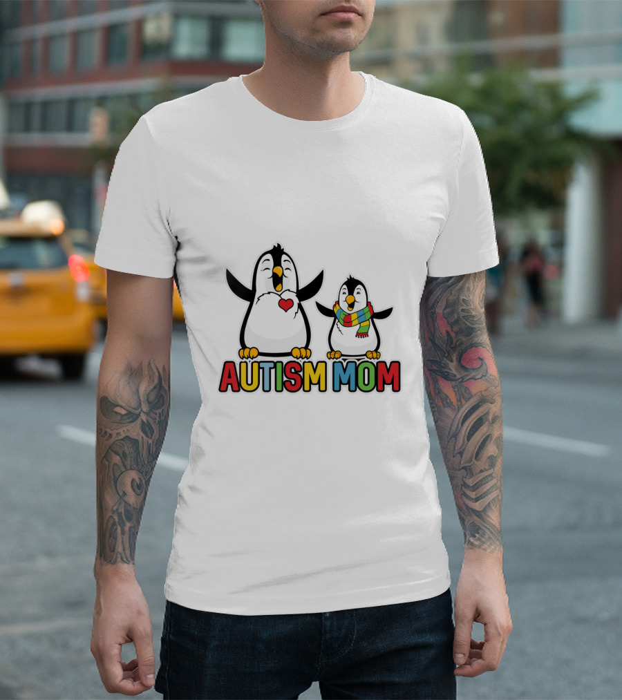 Autism Mom Penguin Duo with Colorful Heart and Scarf T-Shirt