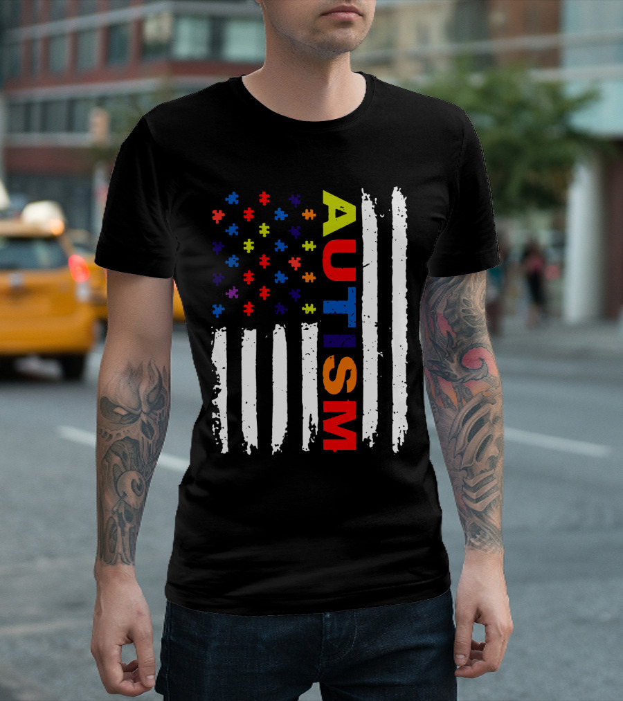 Autism Awareness Flag Design with Colorful Puzzle Pieces and Vertical Stripes T-Shirt