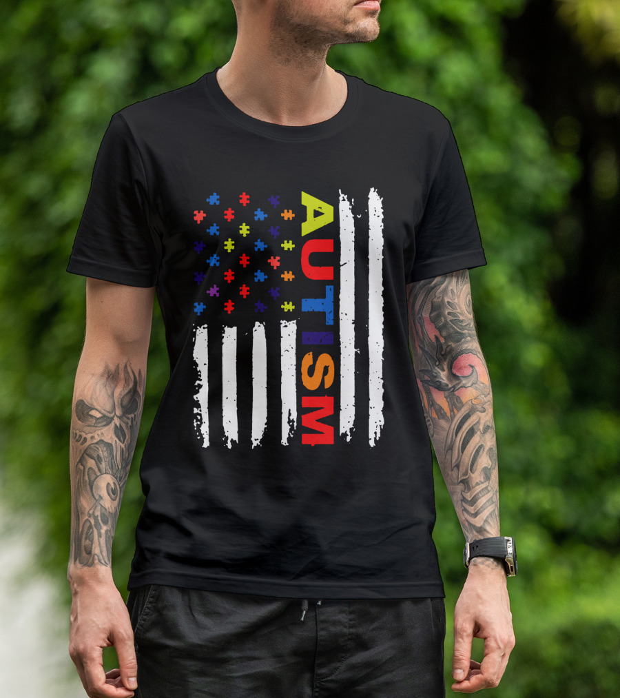 Autism Awareness Flag Design With Colorful Puzzle Pieces And Vertical Stripes T-Shirt