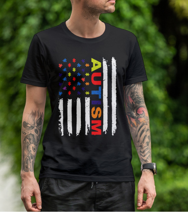 Autism Awareness Flag Design With Colorful Puzzle Pieces And Vertical Stripes T-Shirt