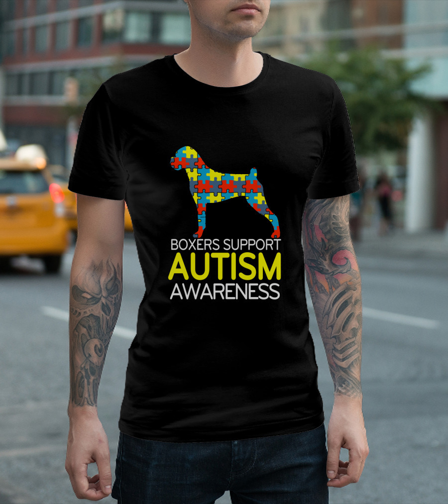 Boxers Support Autism Awareness Puzzle Pattern Dog T-Shirt