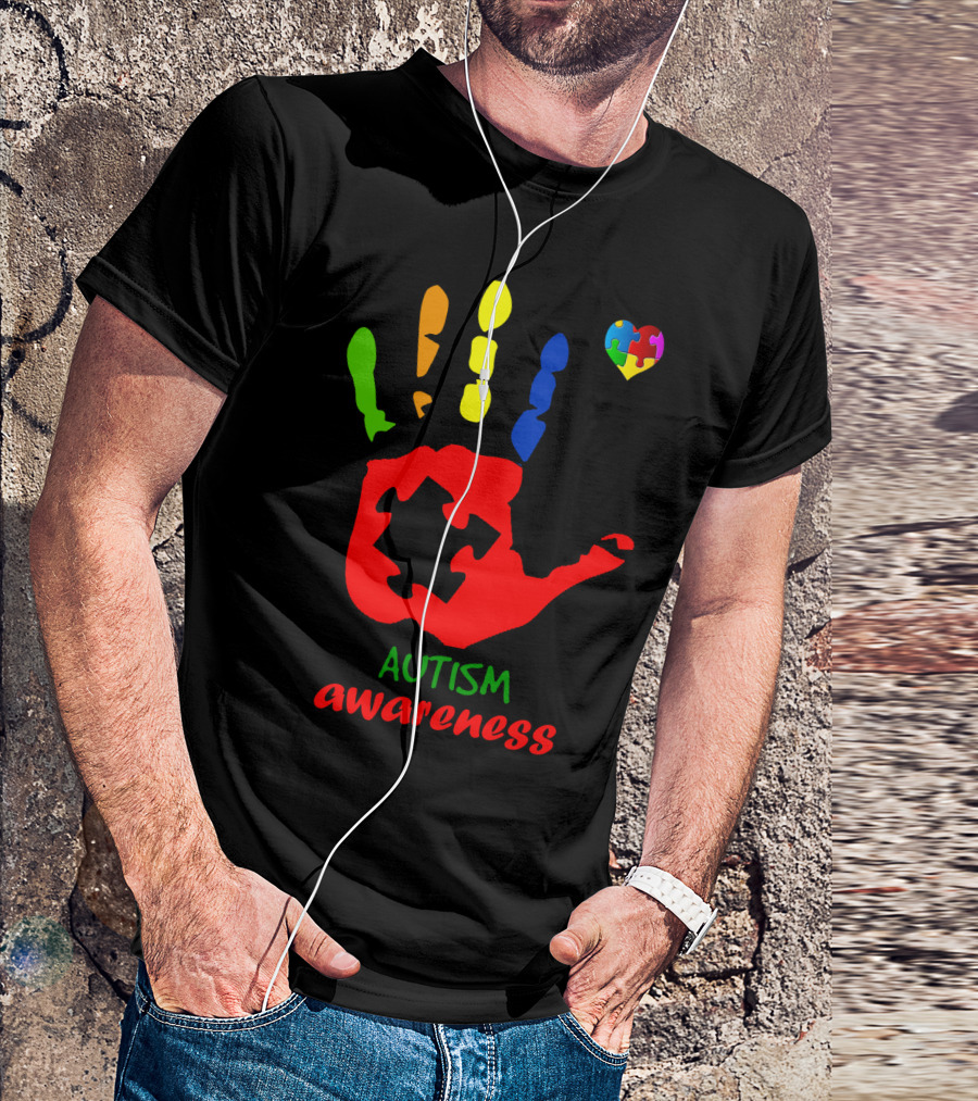 Autism Awareness Colorful Handprint With Puzzle Heart T-Shirt