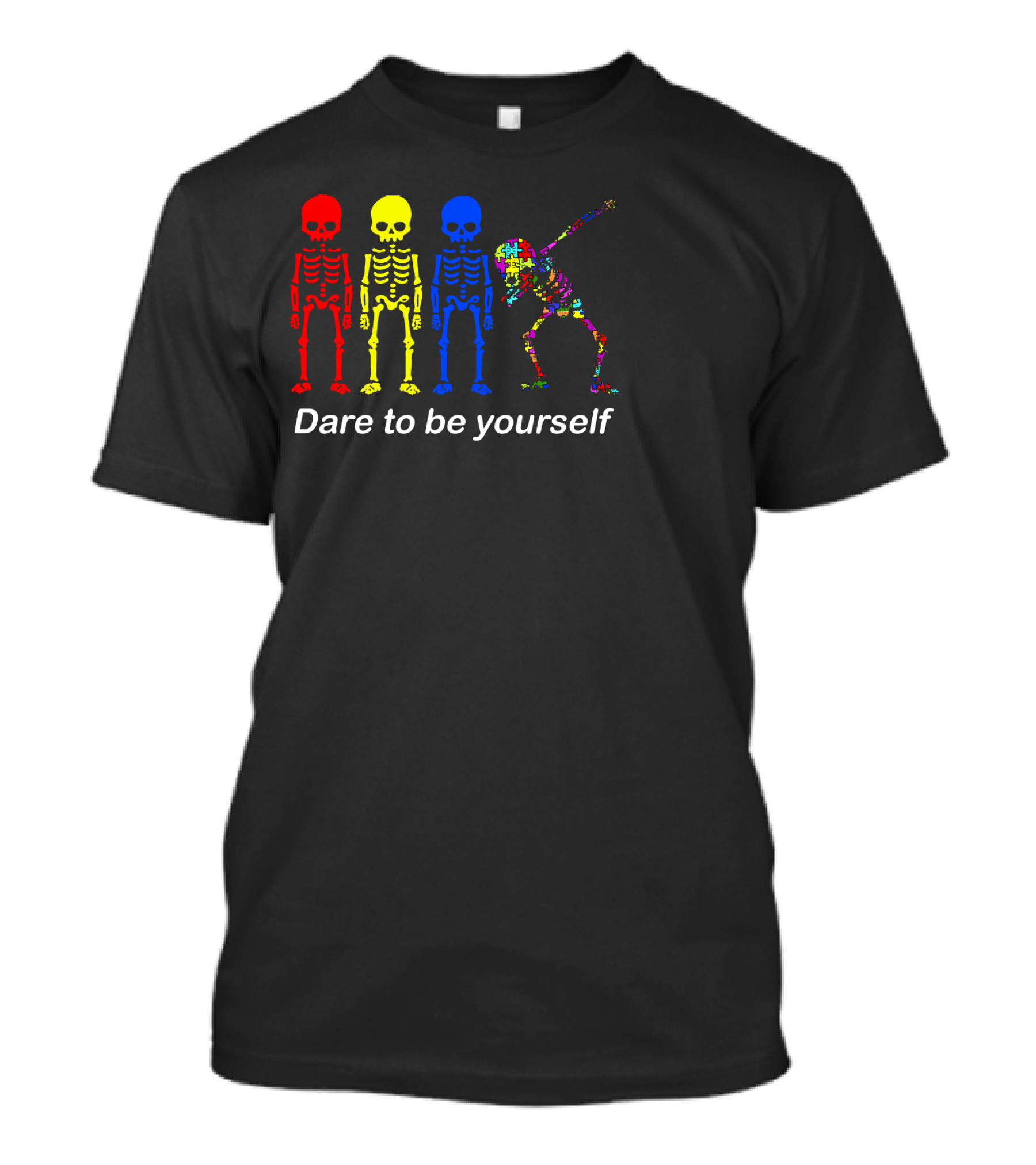 Dare To Be Yourself Autism Awareness Multicolor Skeleton Dance T-Shirt