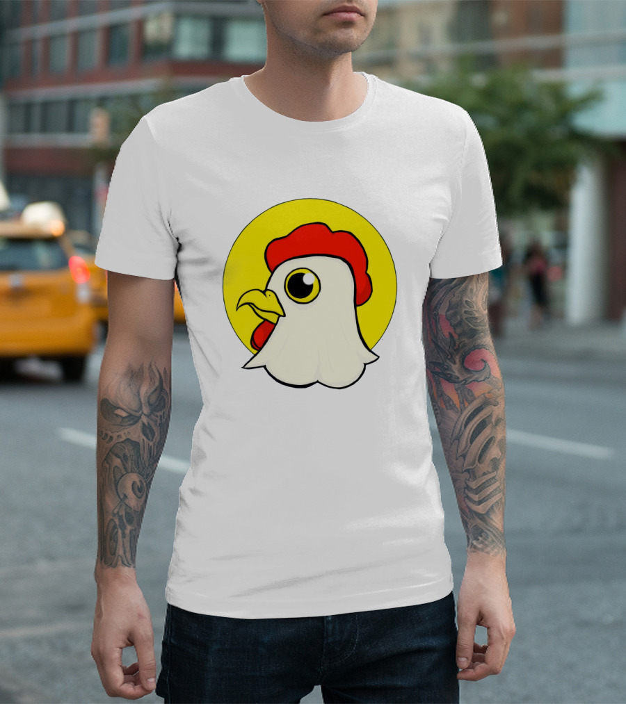 Kawaii Cartoon Chicken Head with Bold Red Comb and Yellow Circle Background T-Shirt
