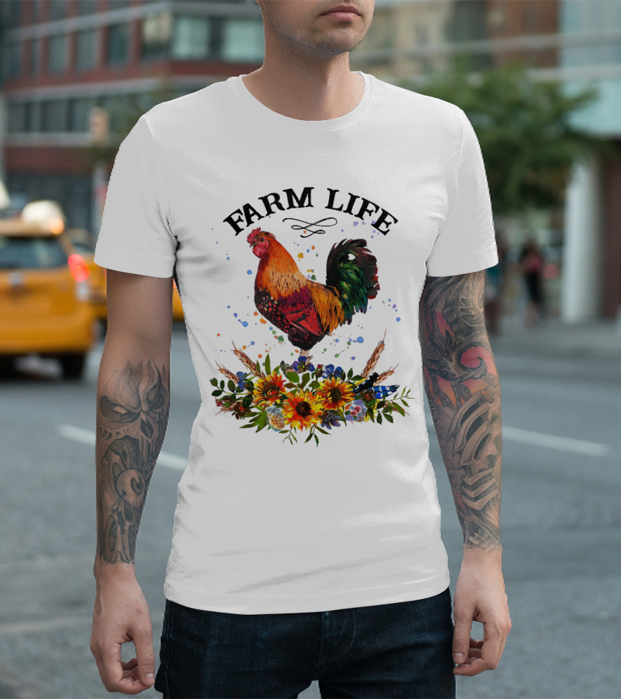 Farm Life Chicken Rooter With Colorful Rooster And Floral Arrangement T-Shirt