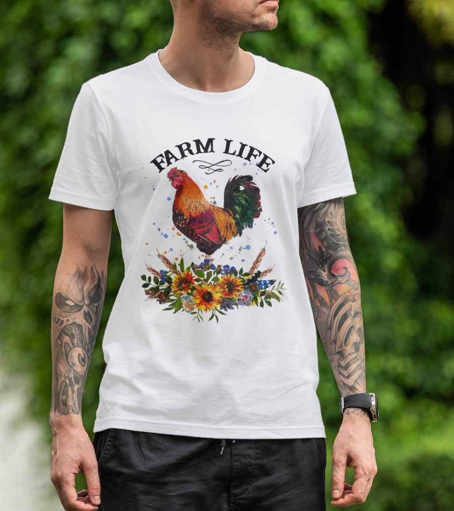 Farm Life Chicken Rooter With Colorful Rooster And Floral Arrangement T-Shirt
