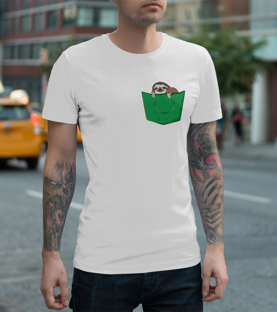 Cute Sloths Pocket with Adorable Sloth Peeking from Green Pocket T-Shirt