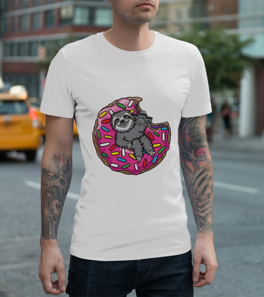Sloths Sloth Donut with Pink Frosting and Sprinkles Relaxing with Boombox T-Shirt