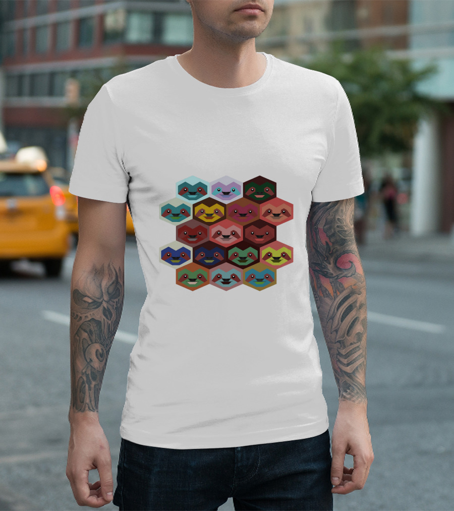 Colorful Hexagon Faces of Sloths T-Shirt
