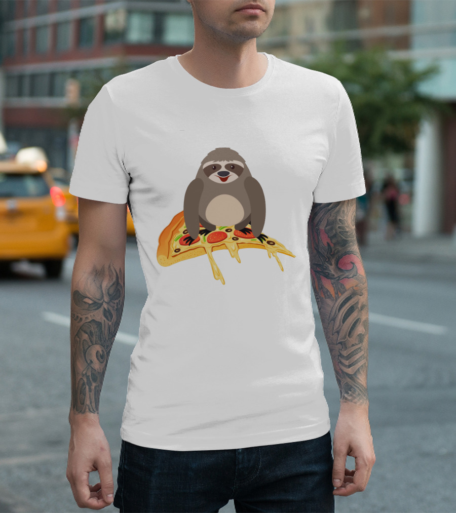 Cute and Funny Sloth on Melty Pizza Slice Ride T-Shirt