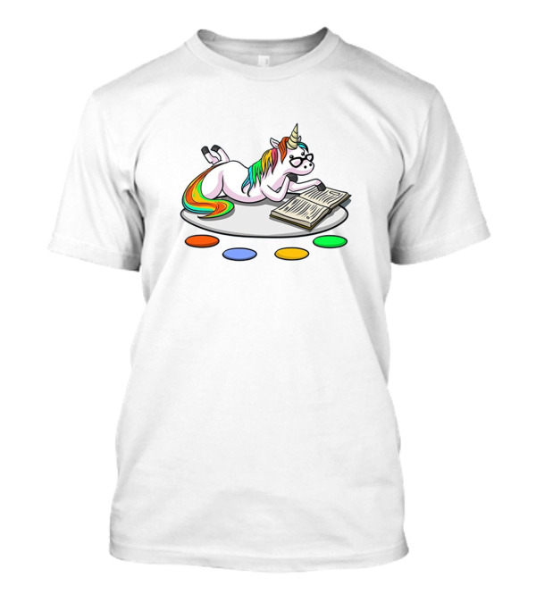 Unicorn Reading Book With Rainbow Mane And Glasses Surrounded By Colorful Dots T-Shirt