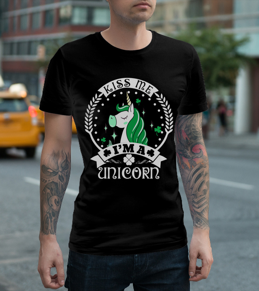 Kiss Me I'm a Unicorn St Patrick's Lucky Shamrock T-Shirt