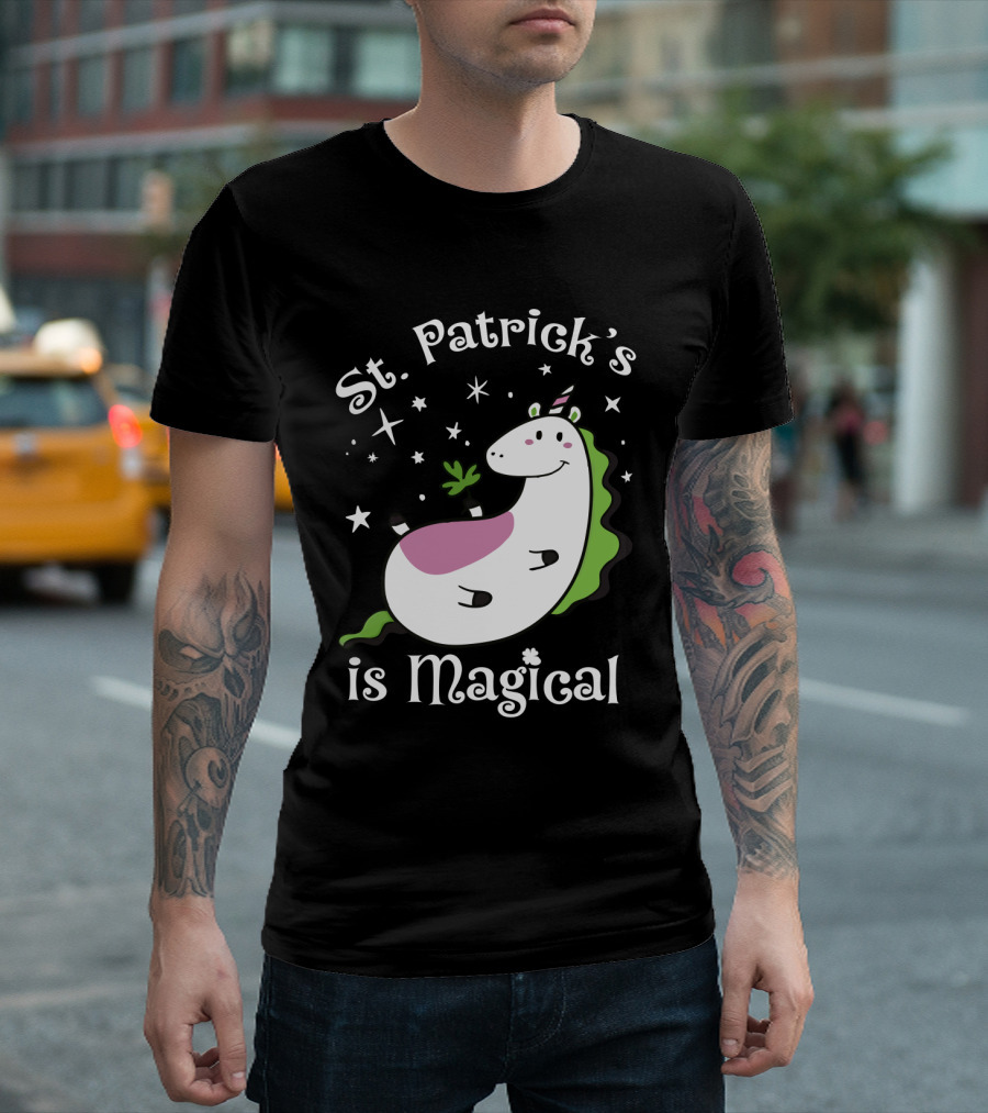 St. Patrick's Is Magical Shamrock Unicorn with Stars and Green Mane T-Shirt