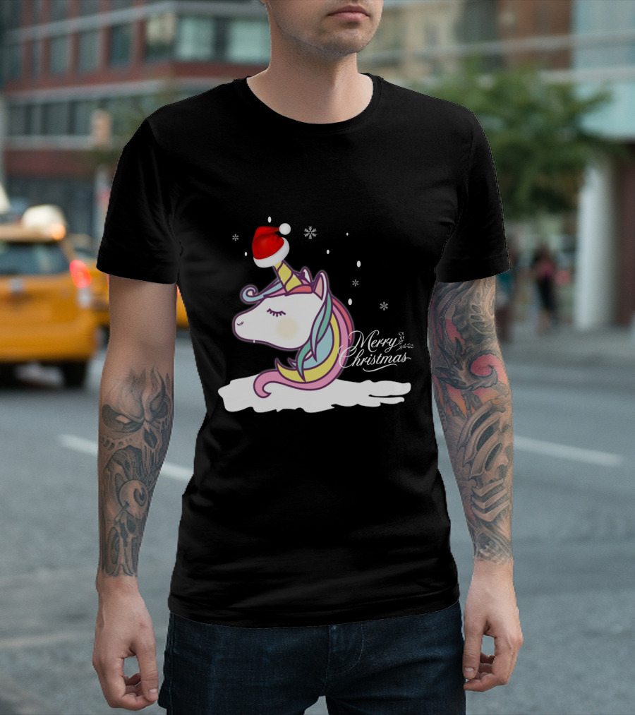 Unicorn Merry Christmas Snowflakes Santa Hat T-Shirt