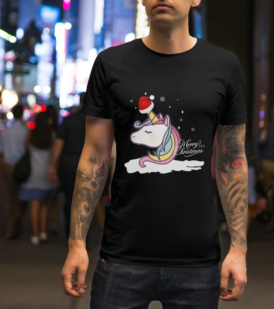 Unicorn Merry Christmas Snowflakes Santa Hat T-Shirt