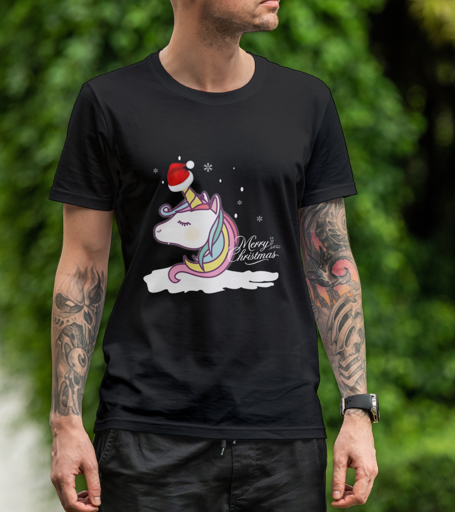 Unicorn Merry Christmas Snowflakes Santa Hat T-Shirt