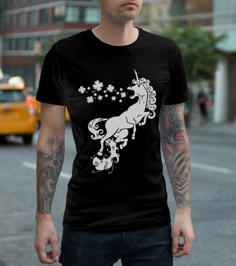 Unicorn Blowing Shamrock Flowers Mystical T-Shirt